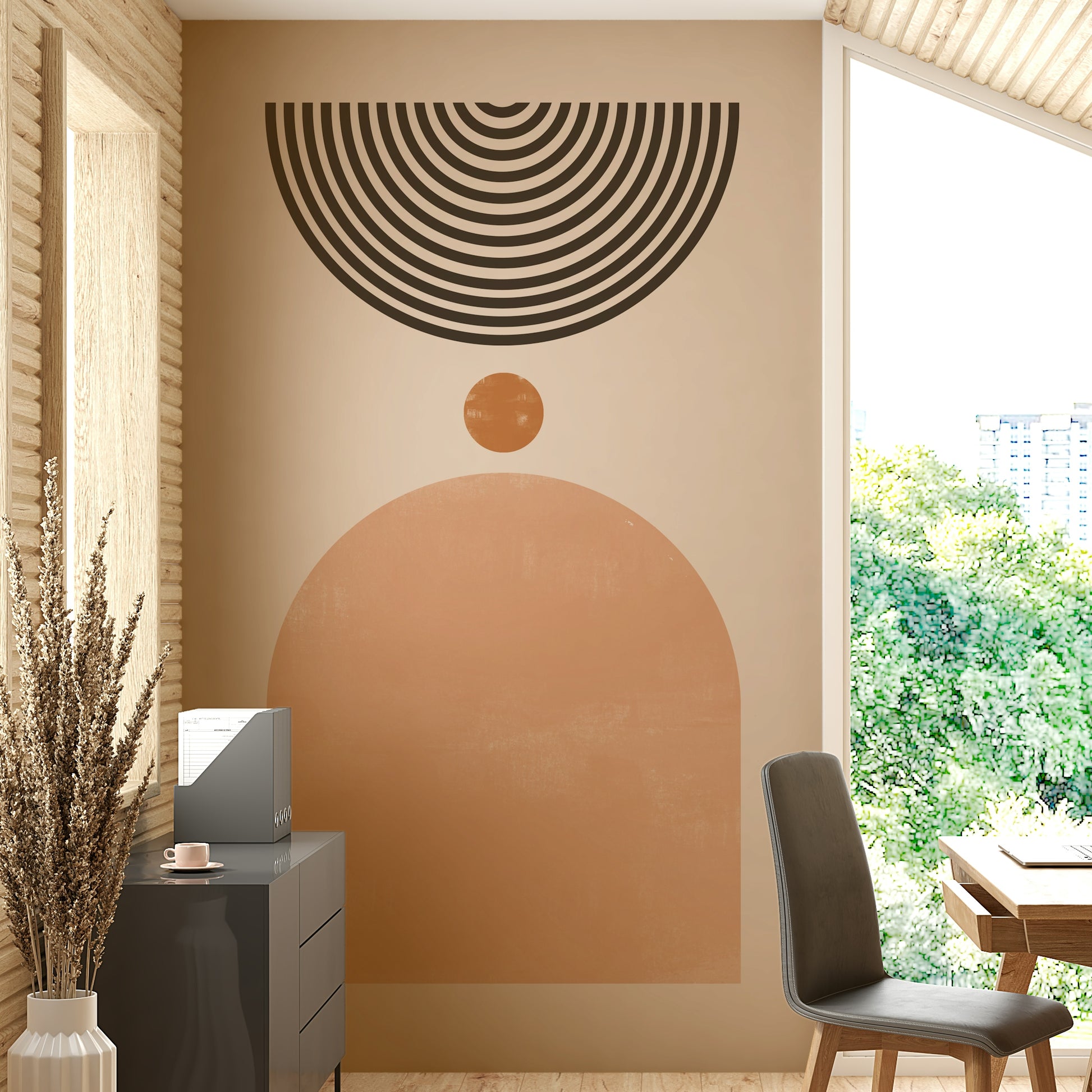 Stylish mid-century mural for living room walls

