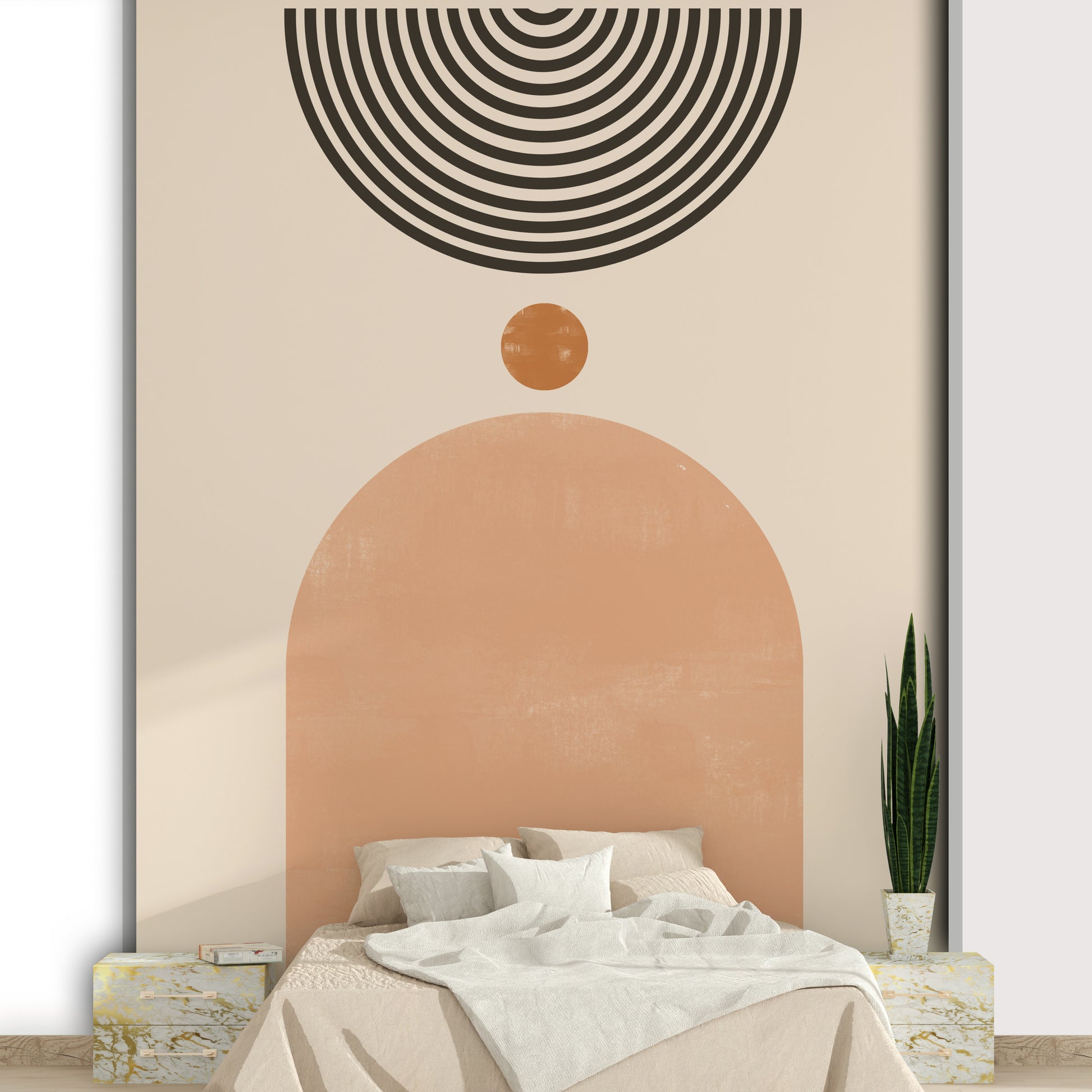 Mid-century modern wall mural in warm earthy tones

