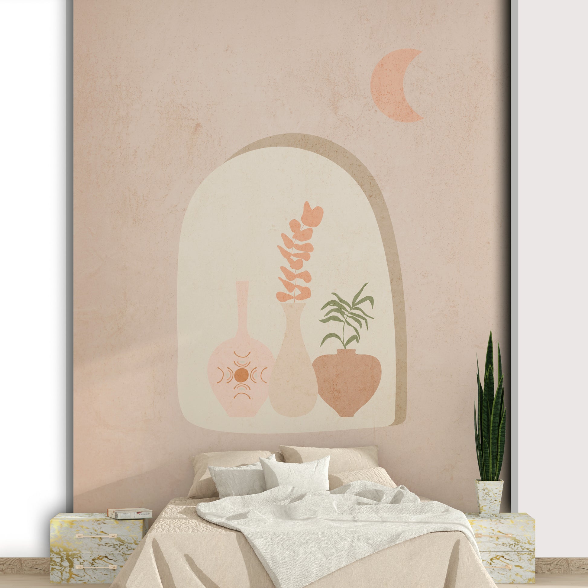 Boho-style mural featuring palms and sun motifs

