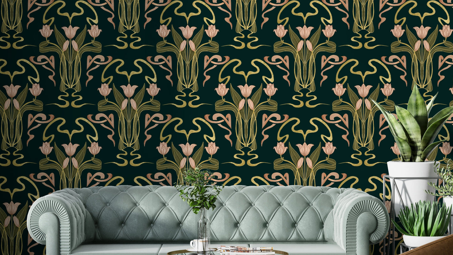 Deep forest green tulip wallpaper

