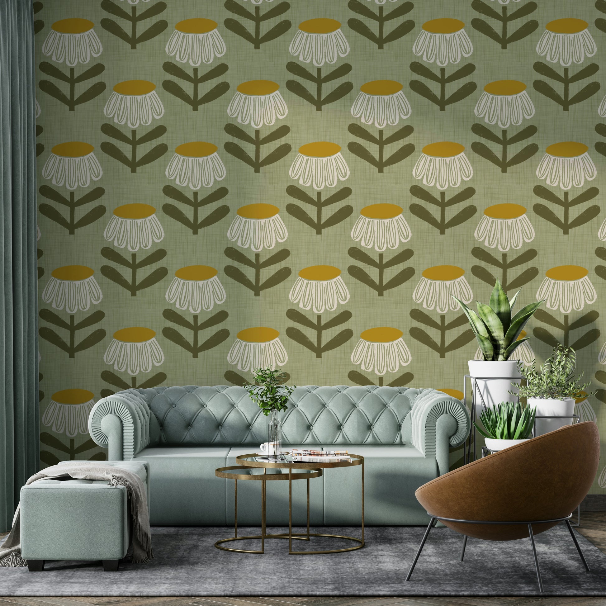 Soft sage daisy wall design

