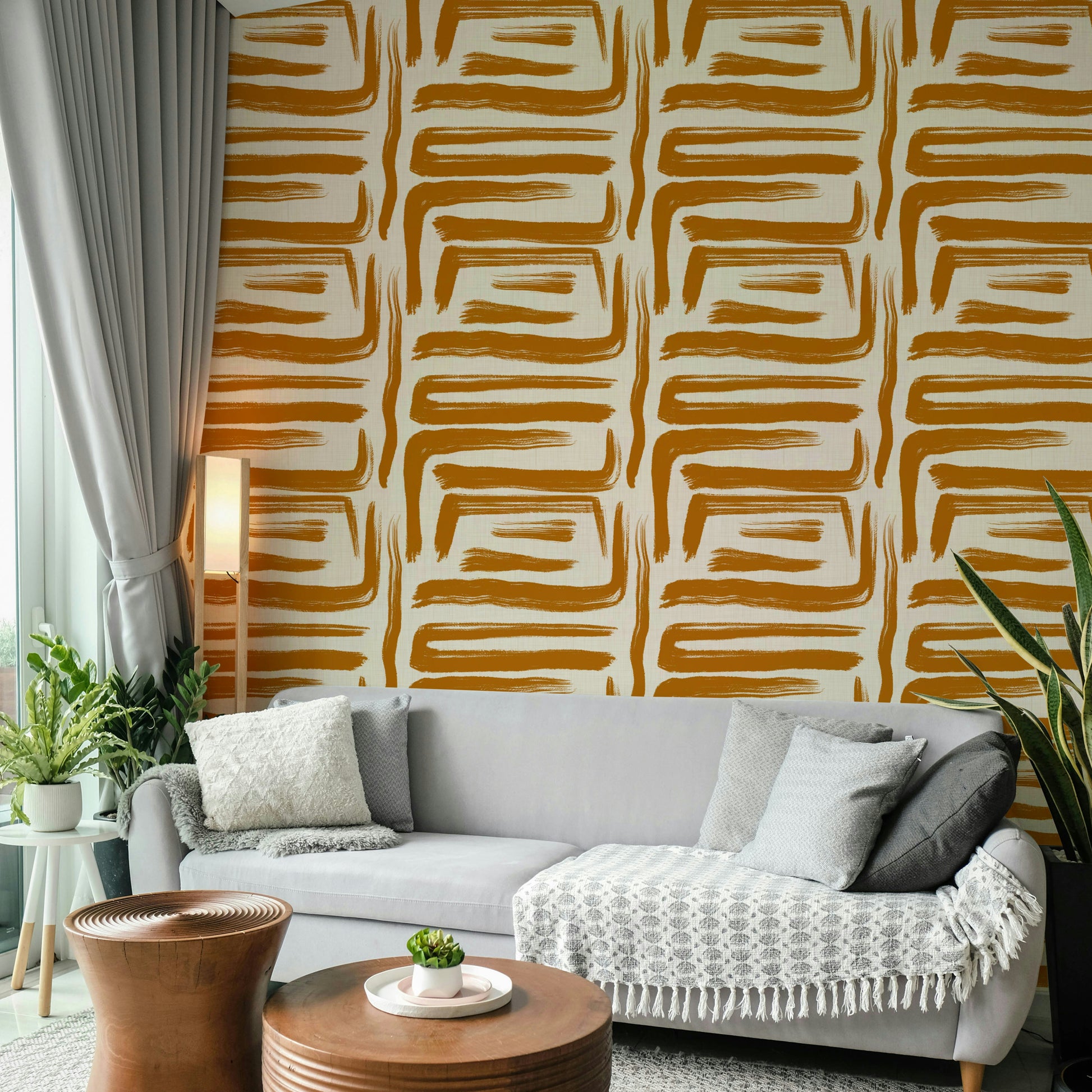 Modern interior with amber mid-century wall accents

