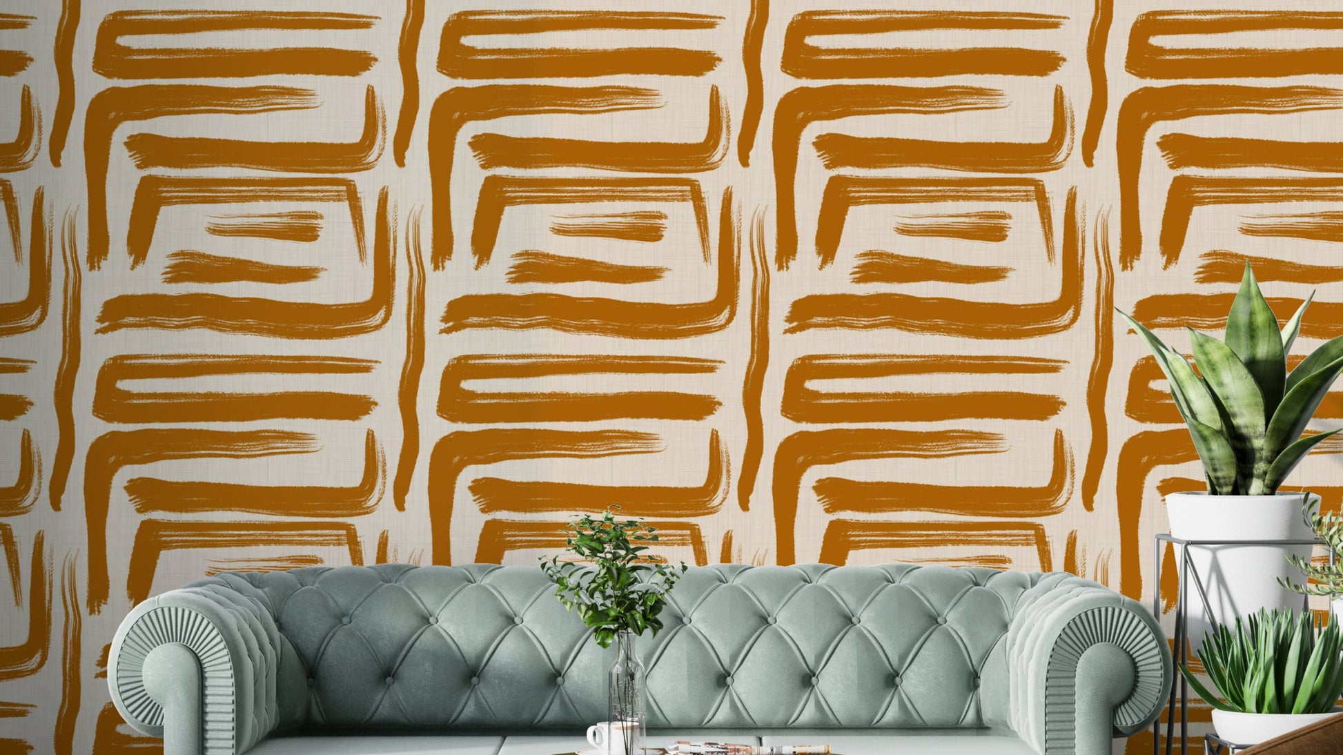 Amber brushstrokes wallpaper with mid-century design

