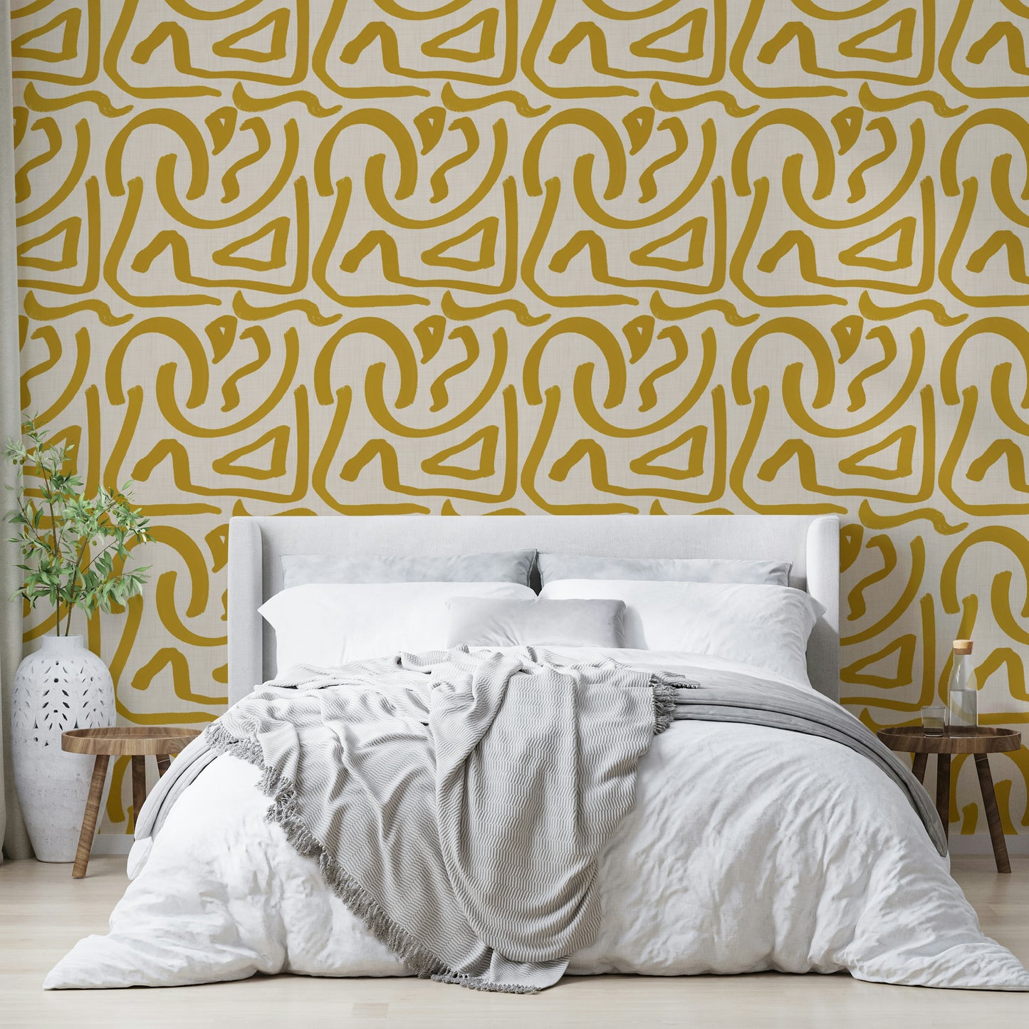 Warm retro wallpaper with mid-century mustard motifs

