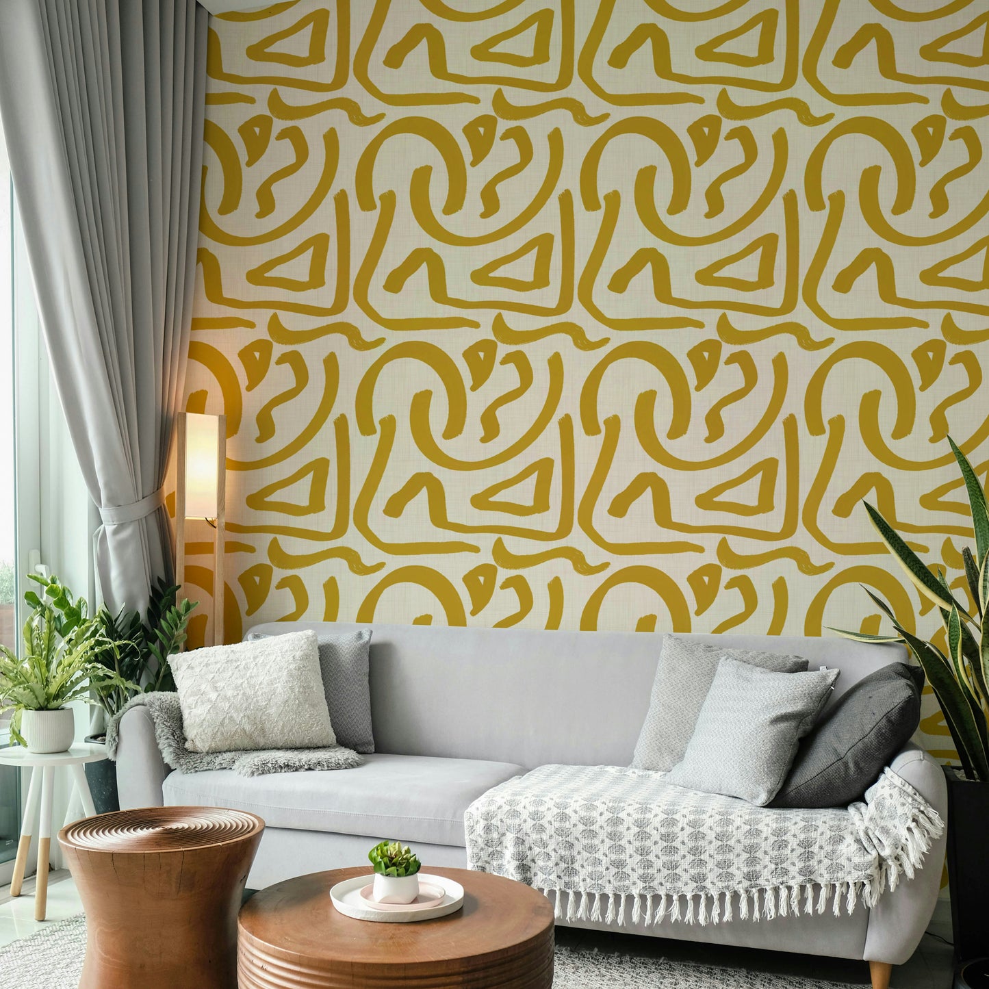Retro modern wallpaper with mustard brushstroke art

