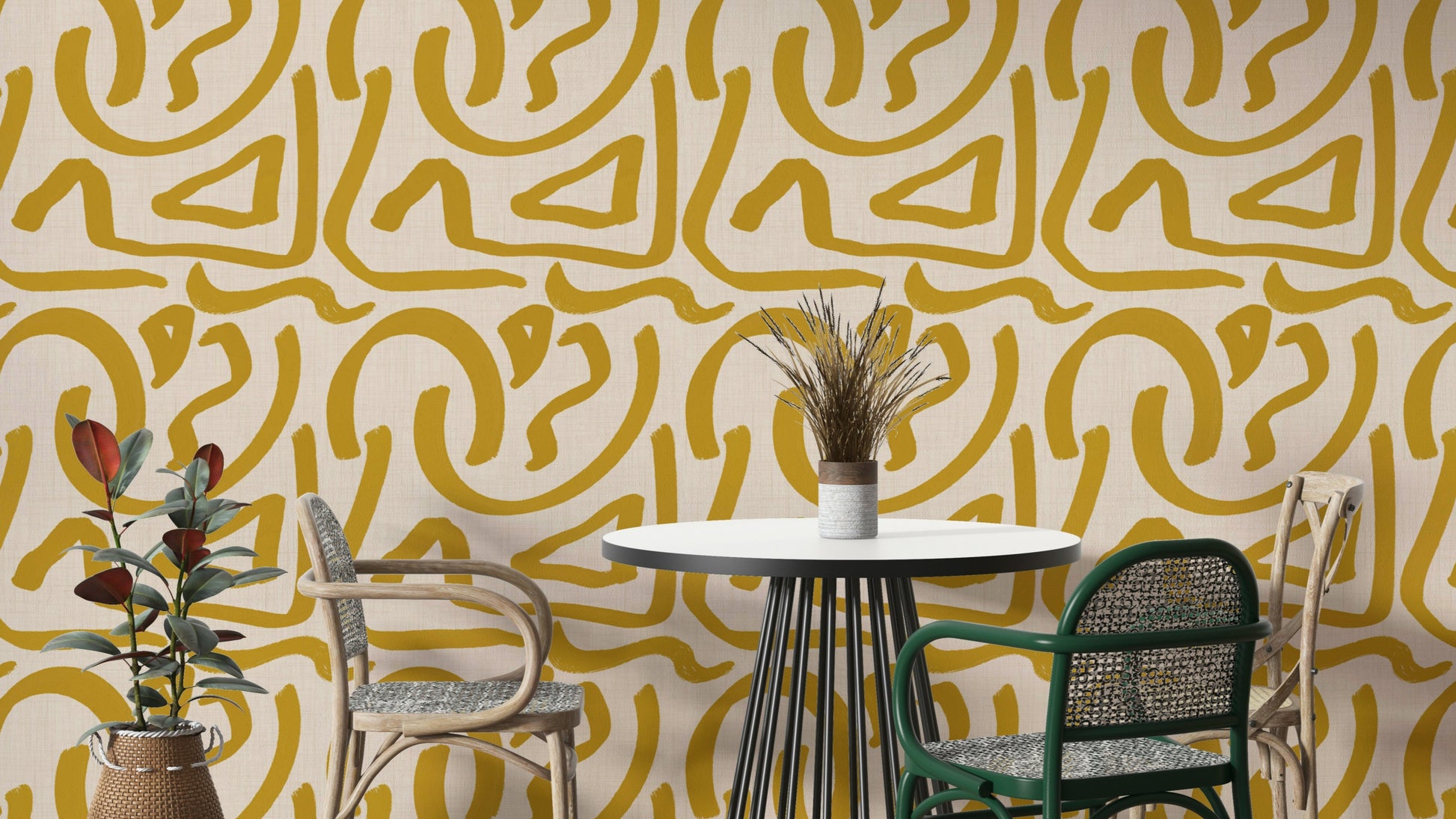 Retro mustard scribbles wallpaper with abstract brush design

