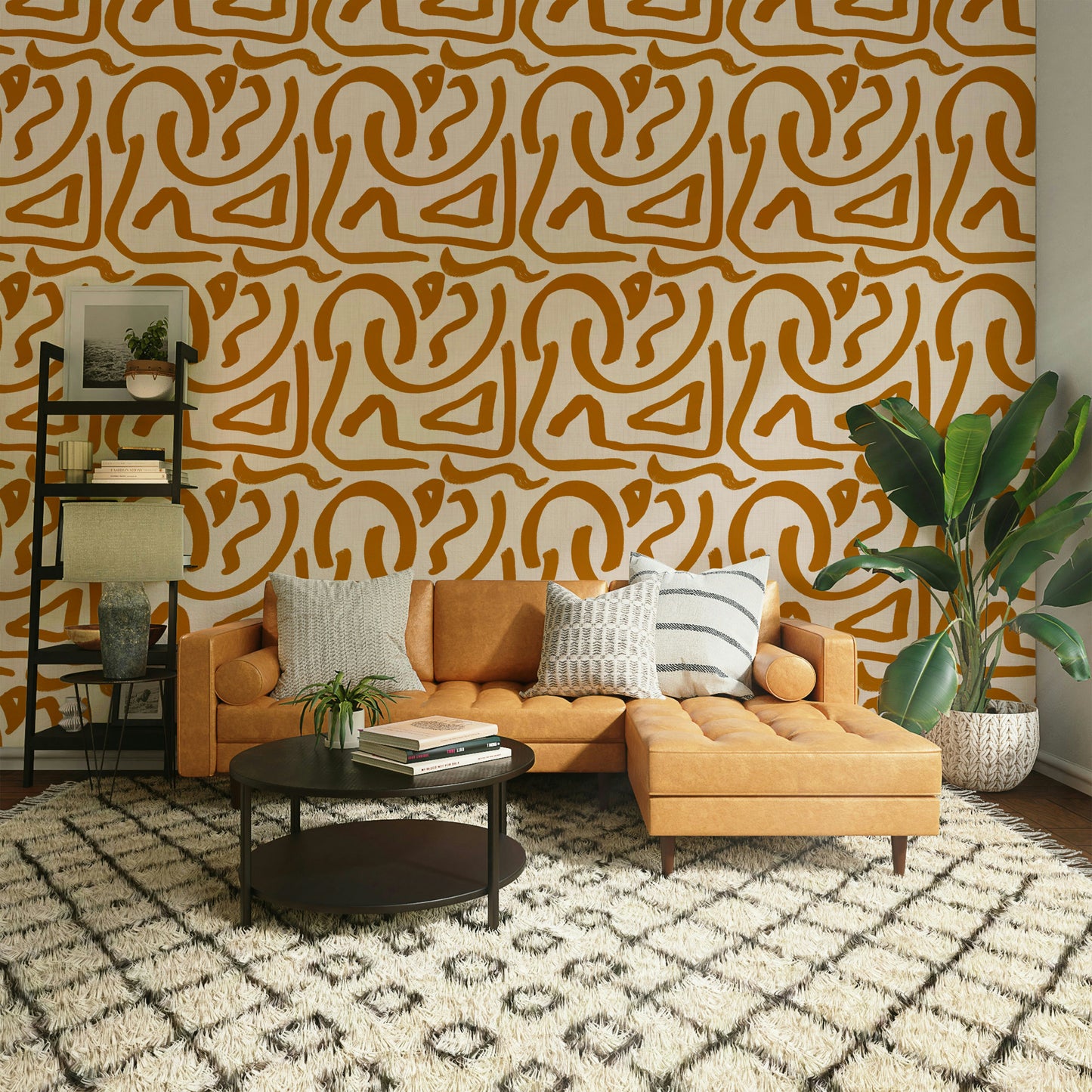 Creative mid-century scribble wallpaper in bedroom

