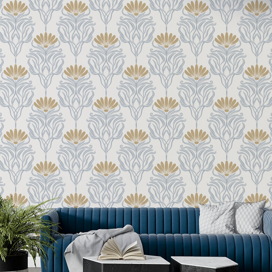 Intricate ancient symbols on patterned wallpaper


