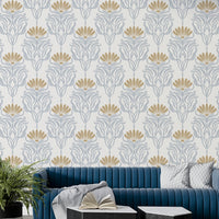 Intricate ancient symbols on patterned wallpaper

