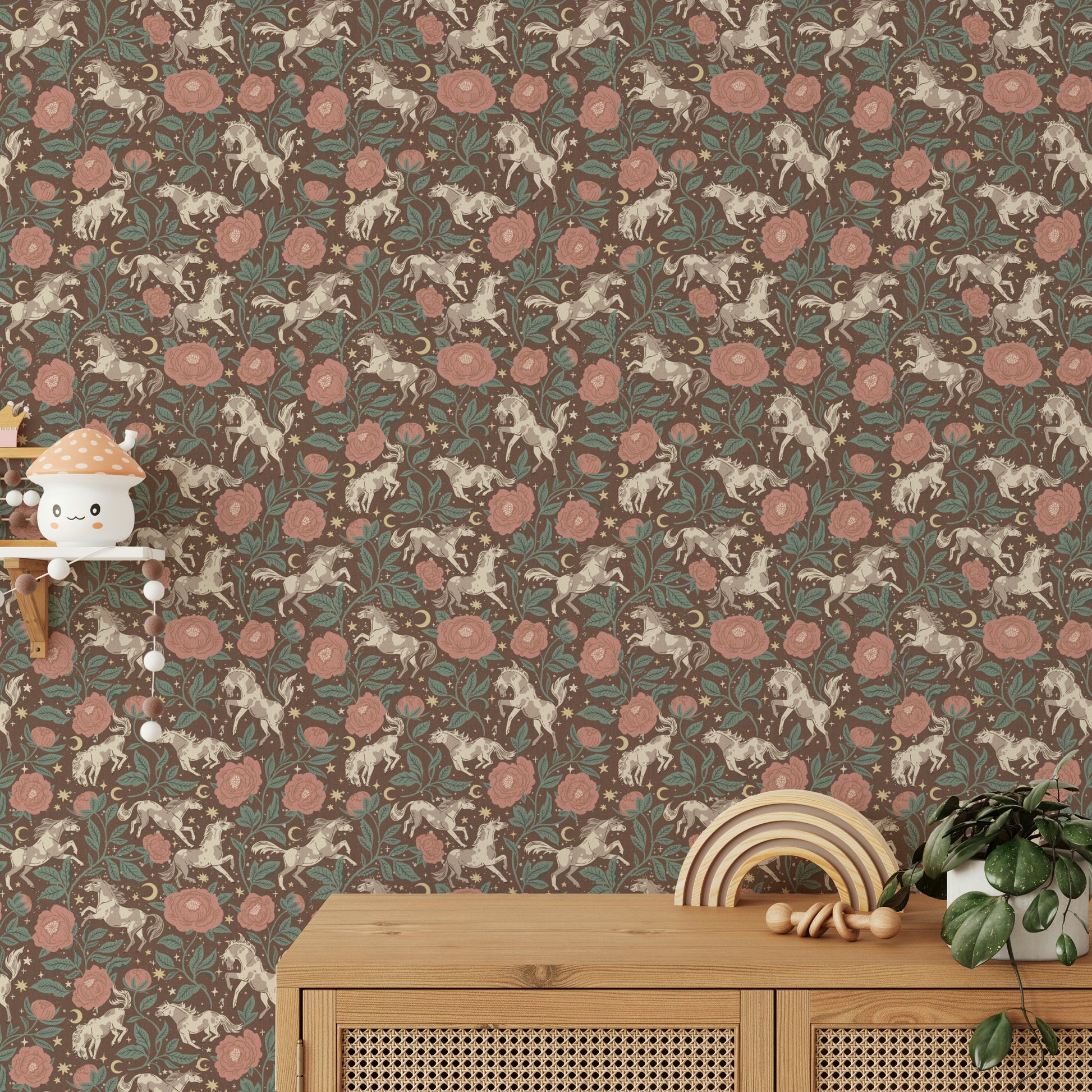 Soft Western wallpaper with horses and florals

