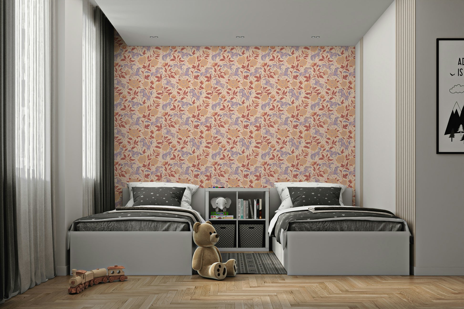 Americana-style pony and peony wallpaper design

