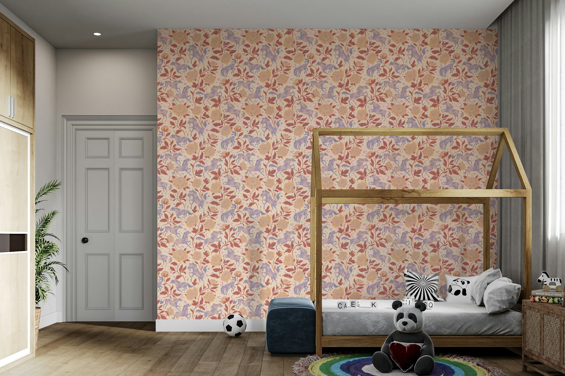 Pony and flower wallpaper in Americana palette

