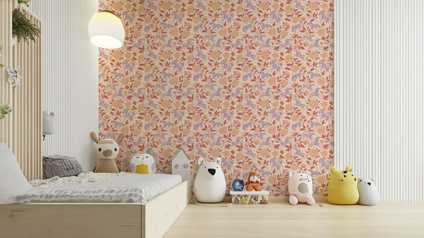 Western nursery wallpaper with floral and horse design

