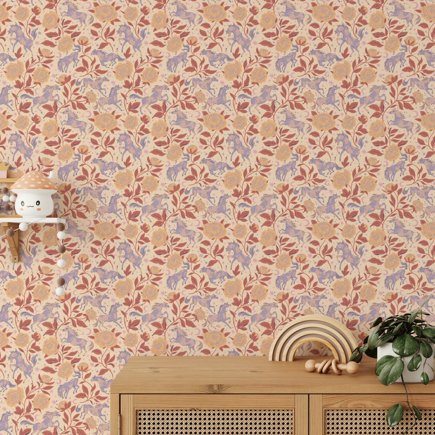 Vintage wallpaper with ponies and prairie flowers

