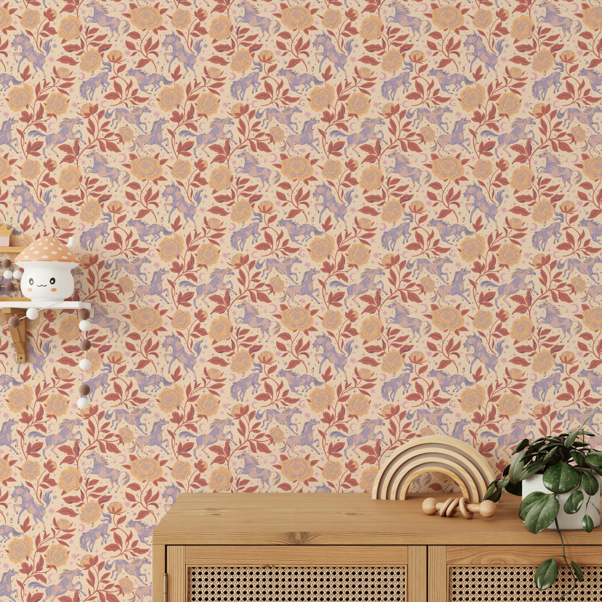 Vintage wallpaper with ponies and prairie flowers

