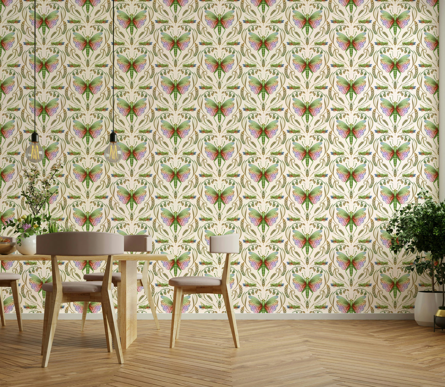 Pastel wallpaper featuring multicolor grasshoppers

