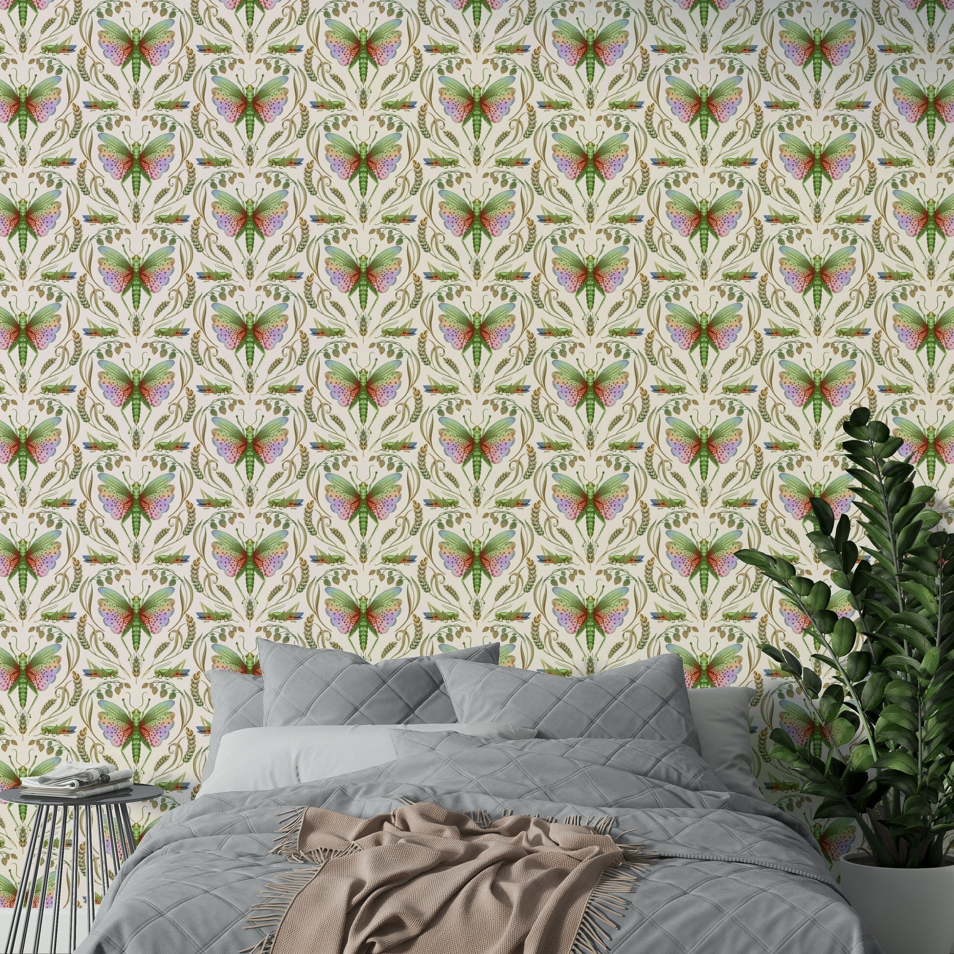 Contemporary damask print with rainbow bugs

