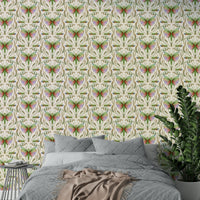 Contemporary damask print with rainbow bugs

