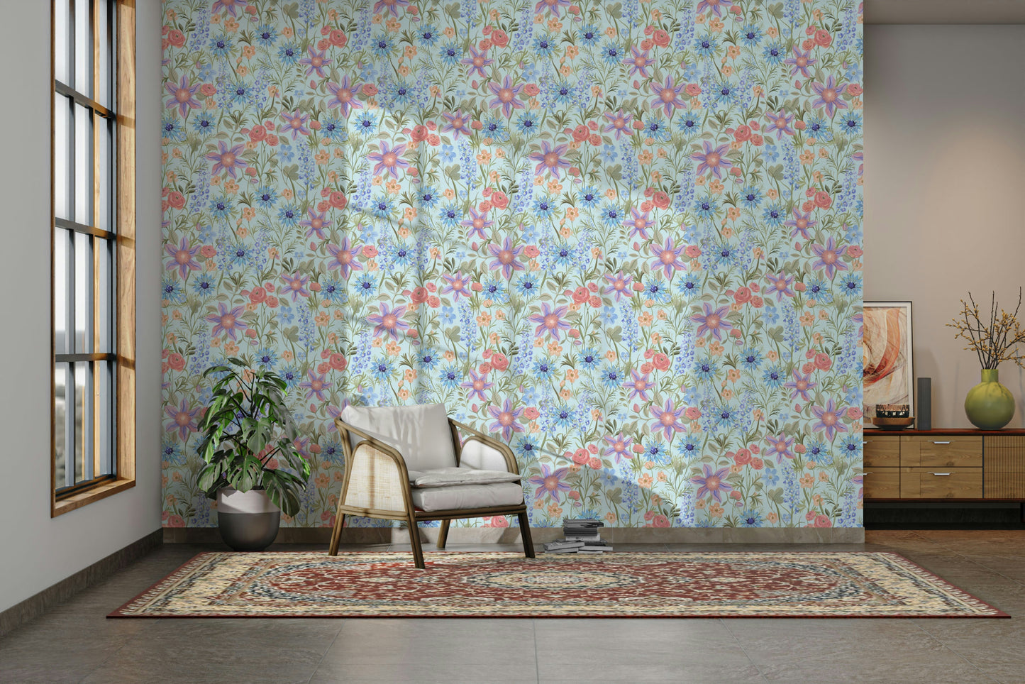 Soft blue wallpaper with retro botanical style

