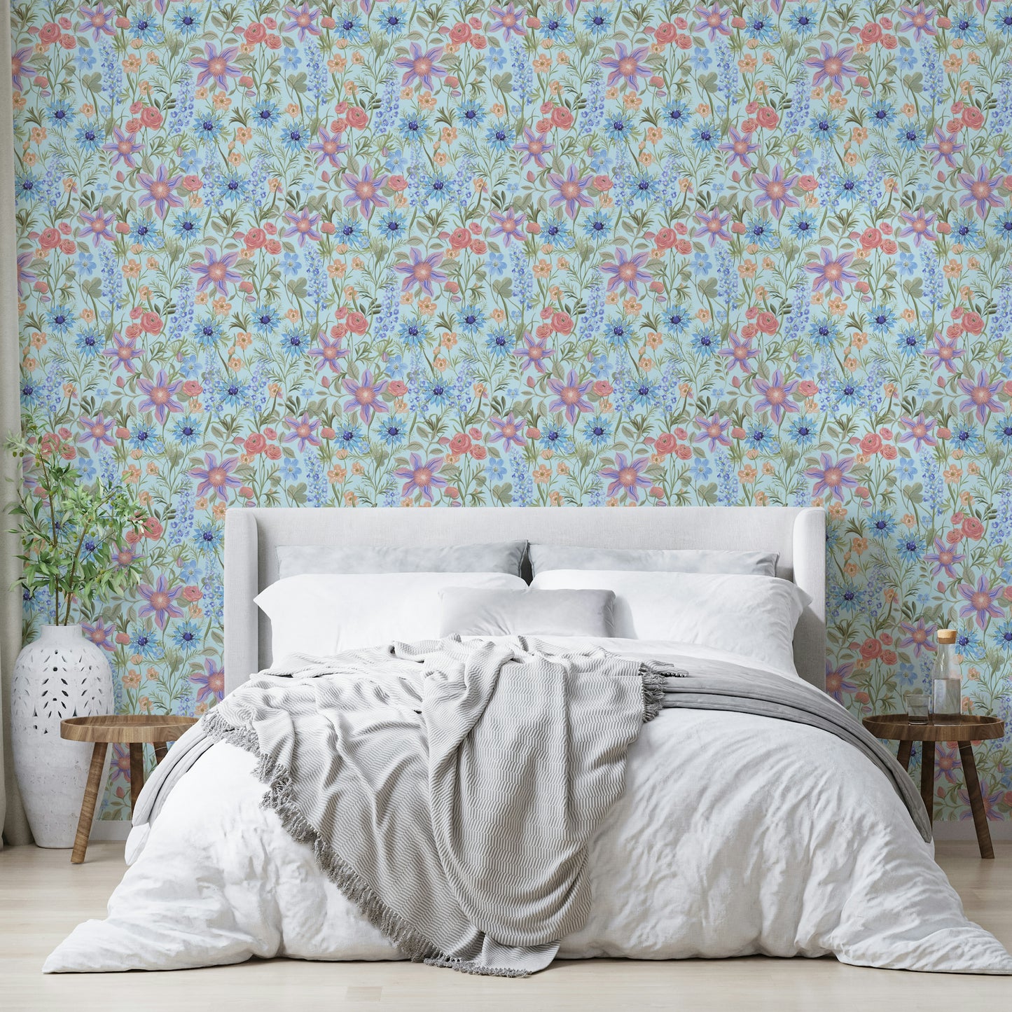 Ranunculus print wallpaper with sky tone base

