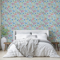 Ranunculus print wallpaper with sky tone base


