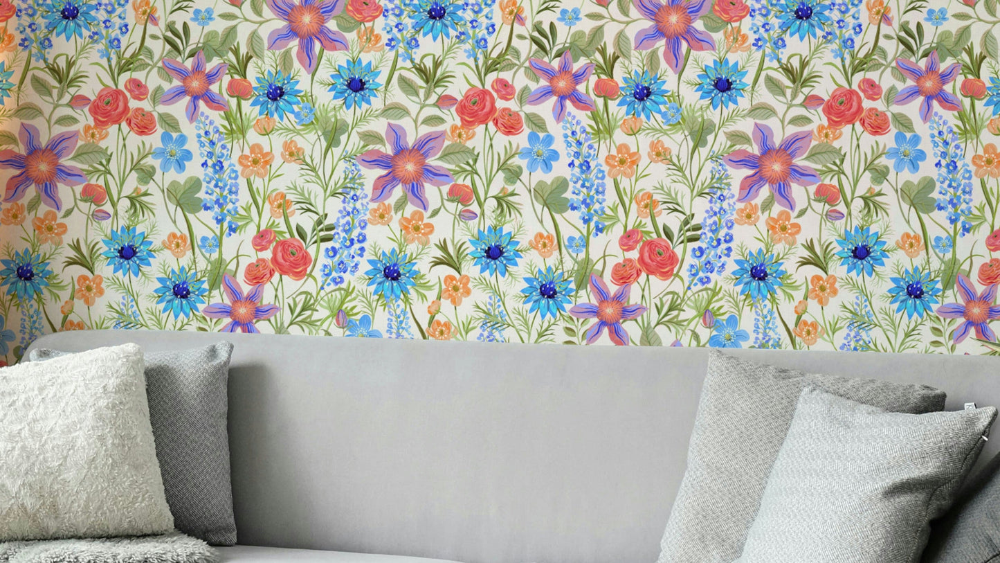 Retro floral wallpaper in strong offwhite tones

