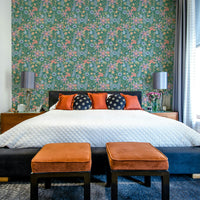 Vintage botanical wallpaper in retro teal palette

