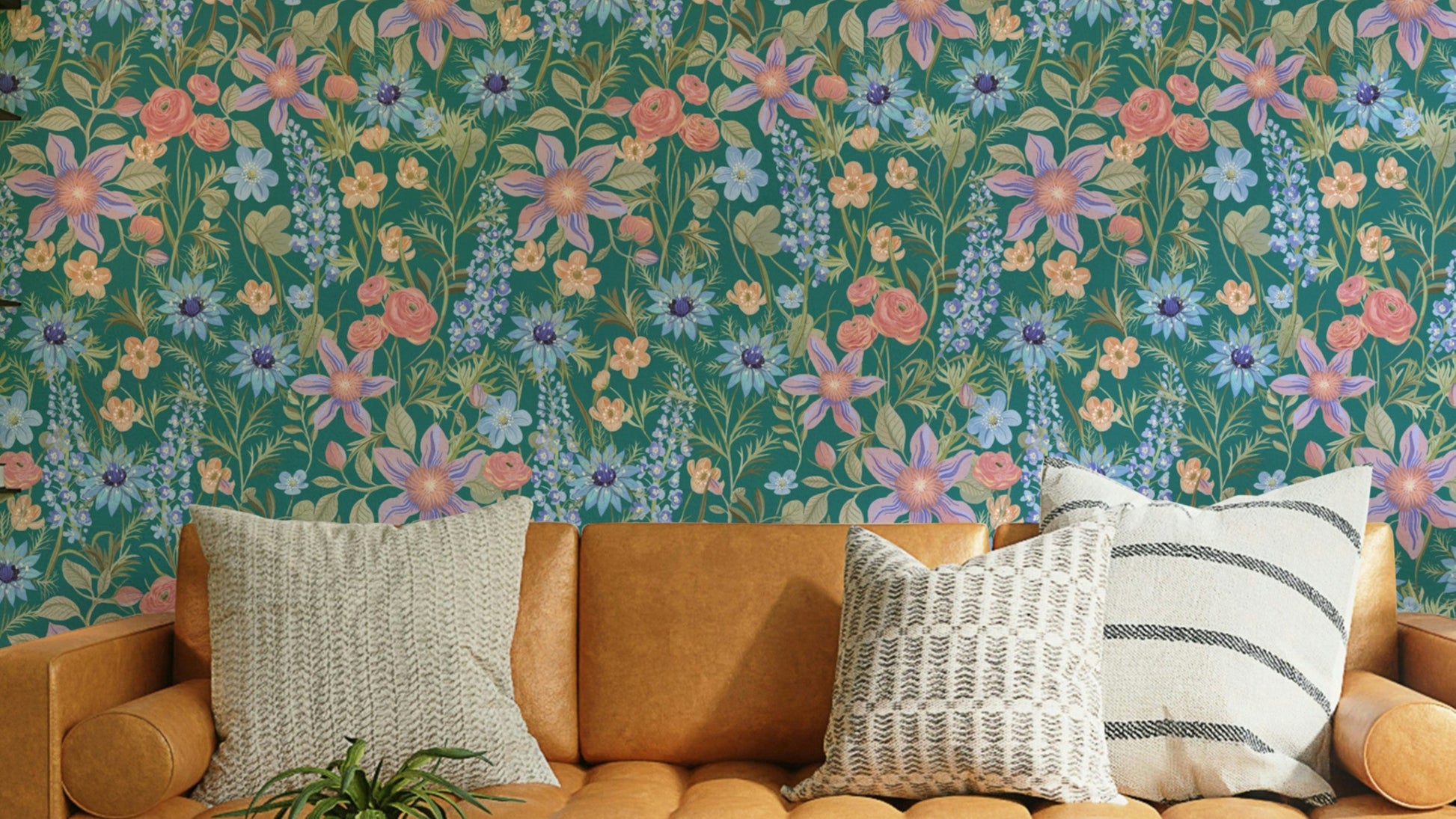 Retro teal wallpaper with ranunculus flowers

