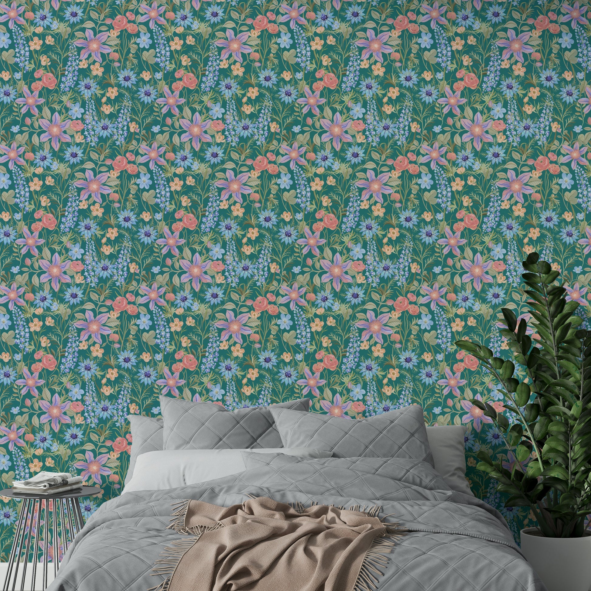 Botanical wallpaper with teal ranunculaceae print

