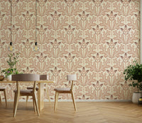 Red oak decorative wallpaper with classic flourish

