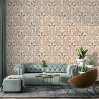 Ornate wallpaper in deep red and oak shades

