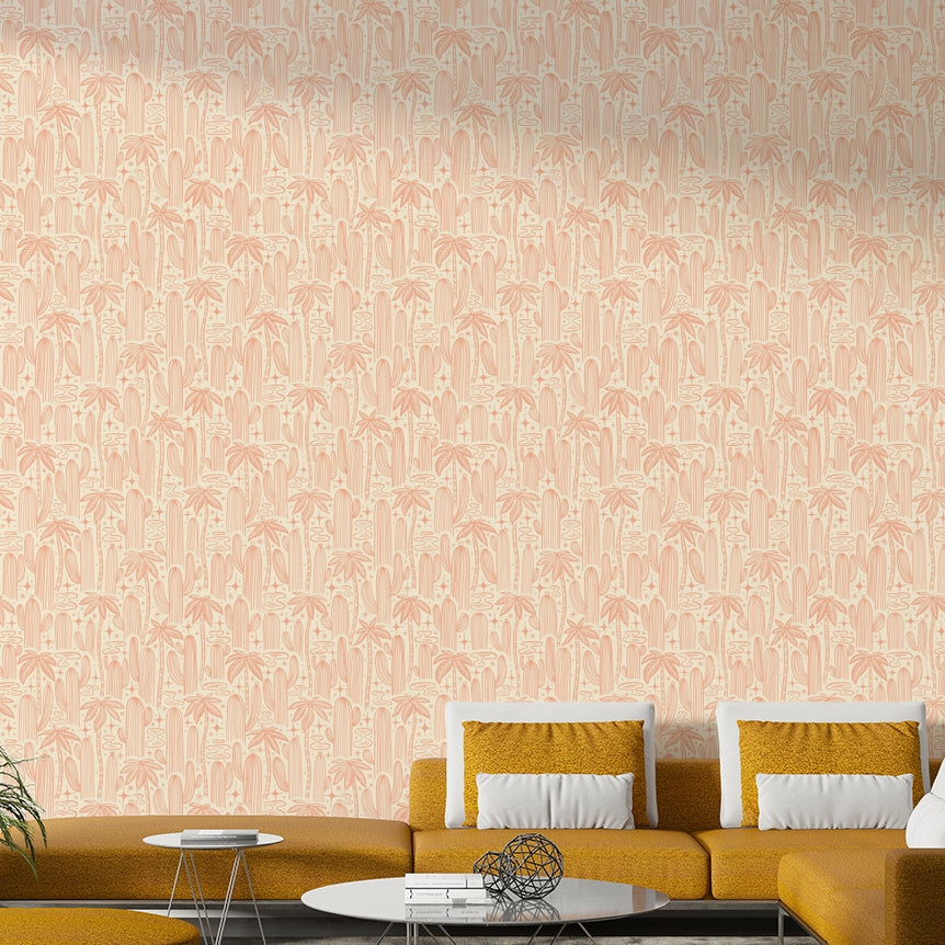 Saguaro cactus and stars wallpaper in soft tones

