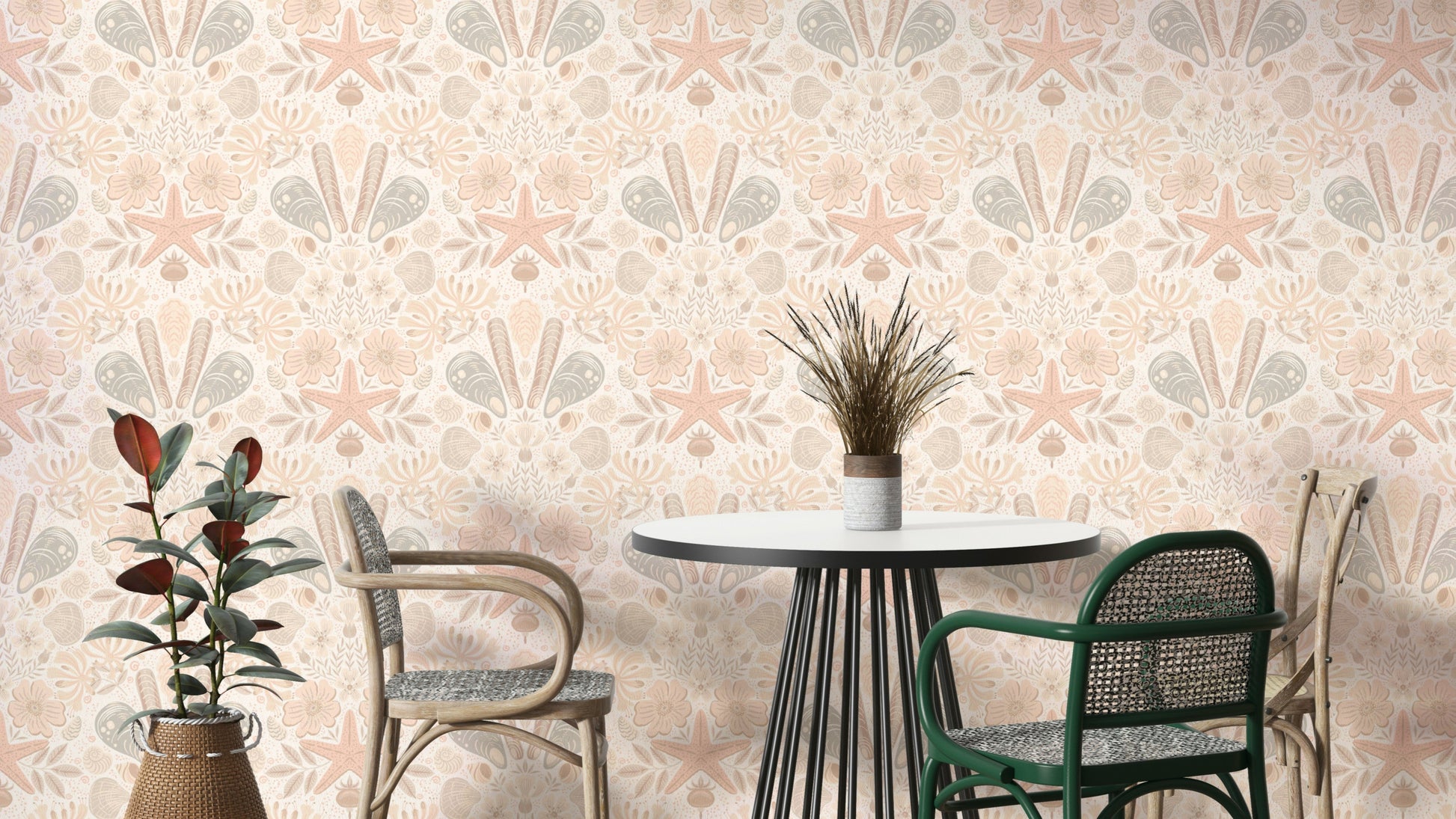 Blush wallpaper with Scandinavian floral damask


