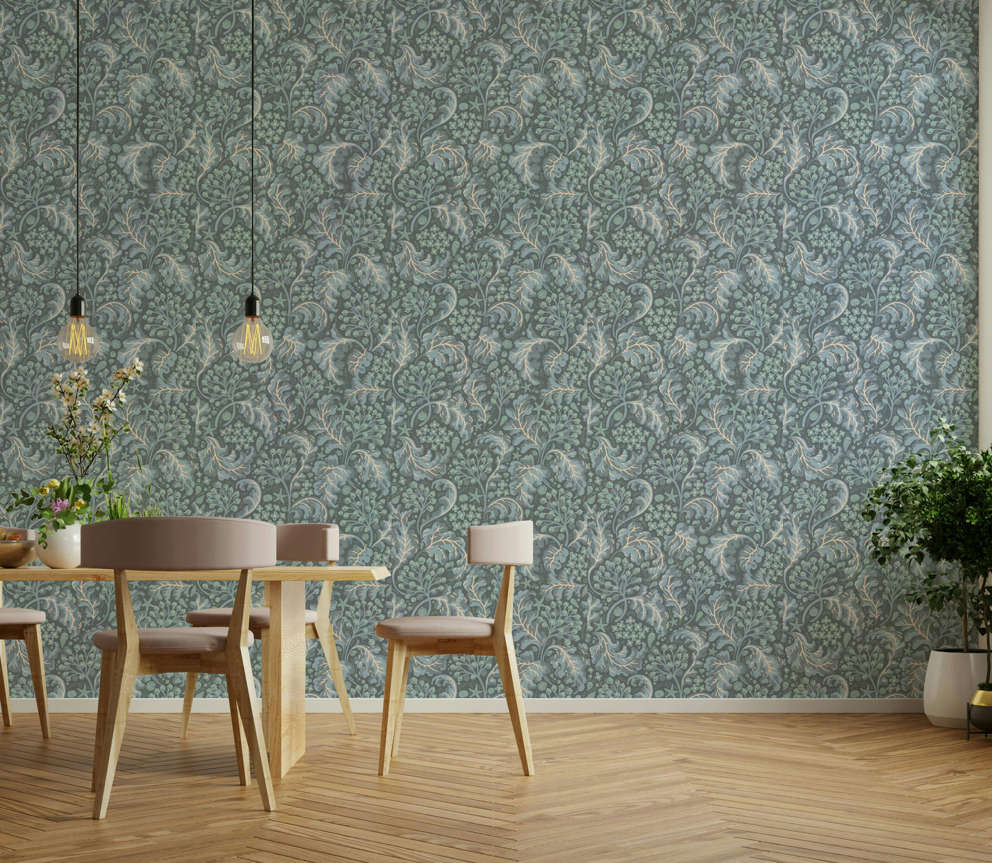 Botanical wallpaper in deep blue hues

