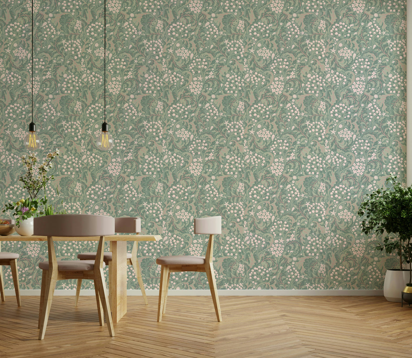 Green wallpaper with sea kale plant pattern

