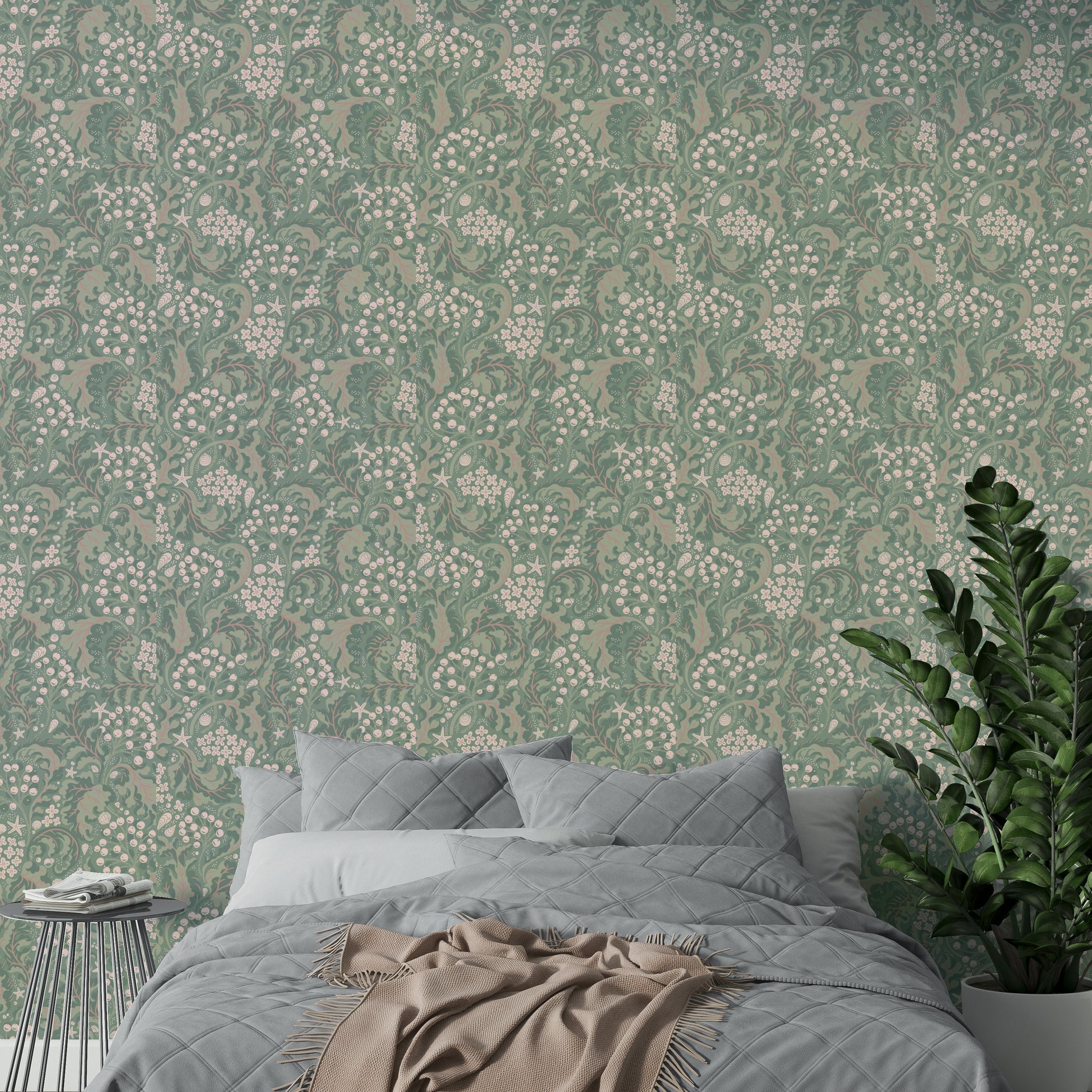 Botanical wallpaper with rhubarb-toned greenery

