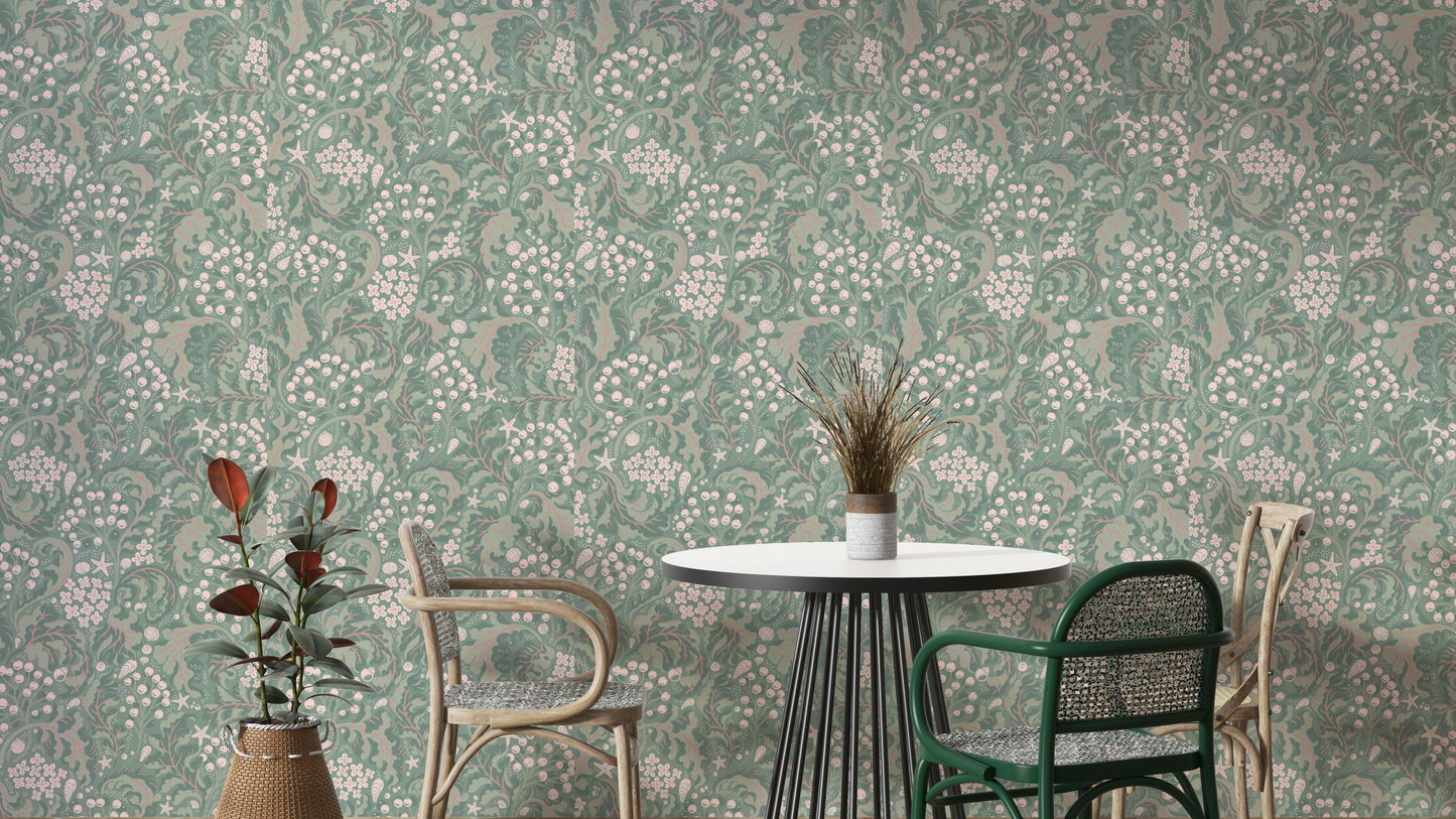 Sea kale botanical wallpaper in rhubarb green

