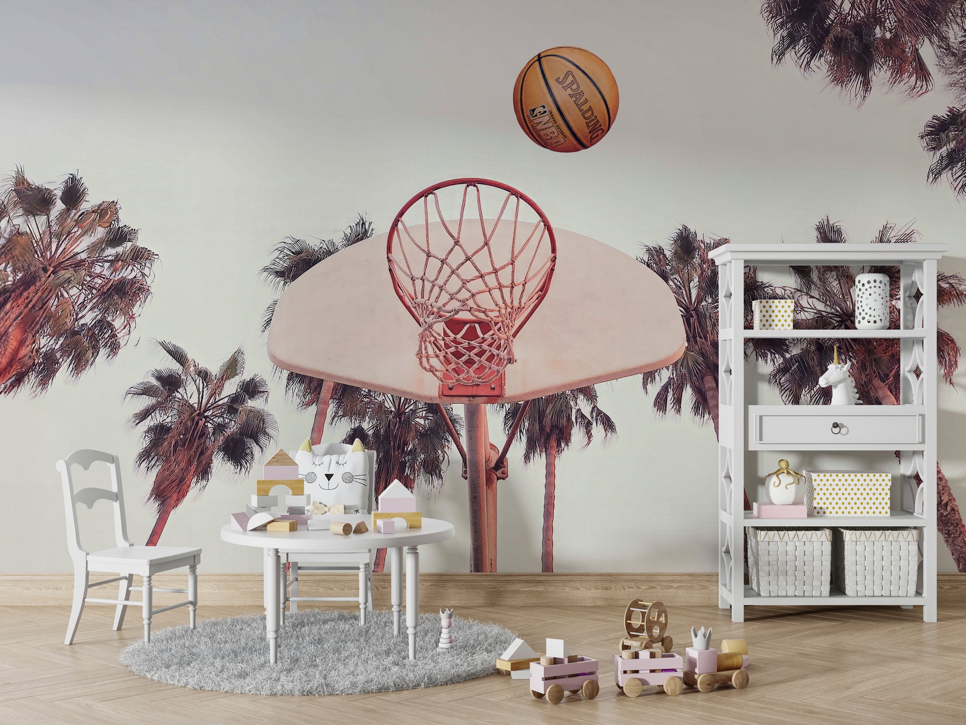 Slam dunk mural with basketball court design


