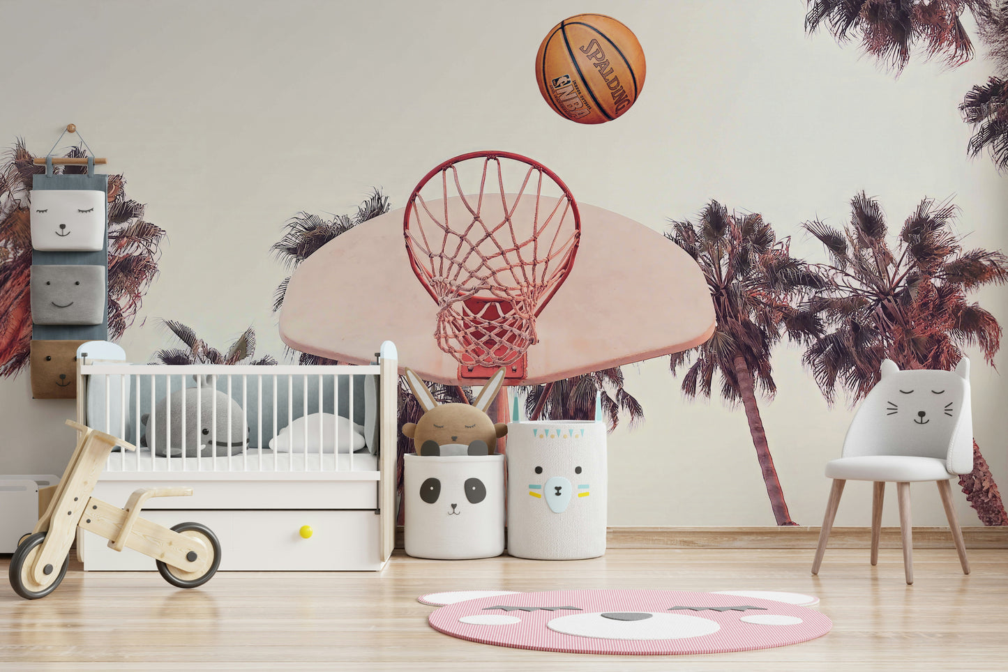 Sports mural featuring basketball scene

