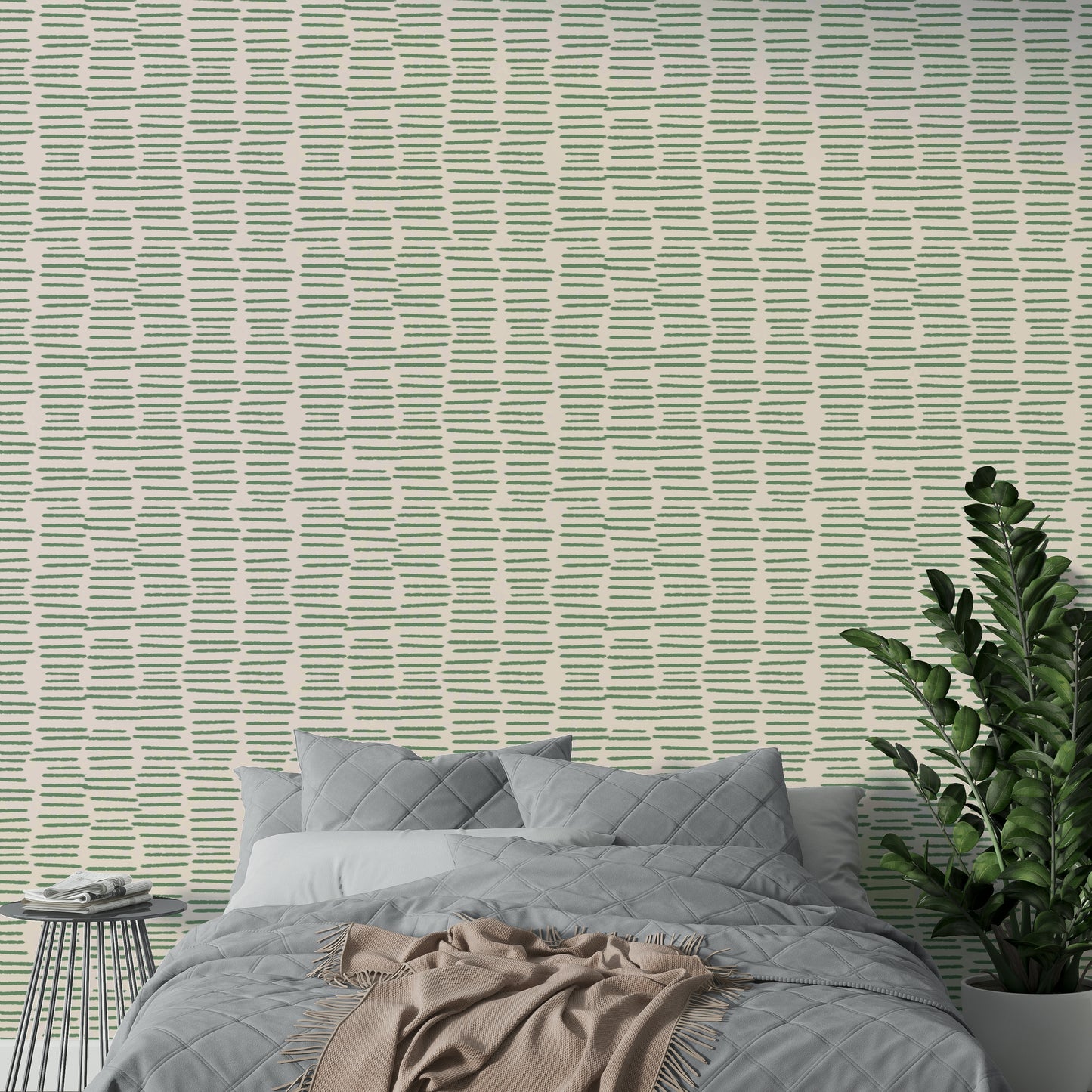Artistic striped sage wallpaper with a boho feel


