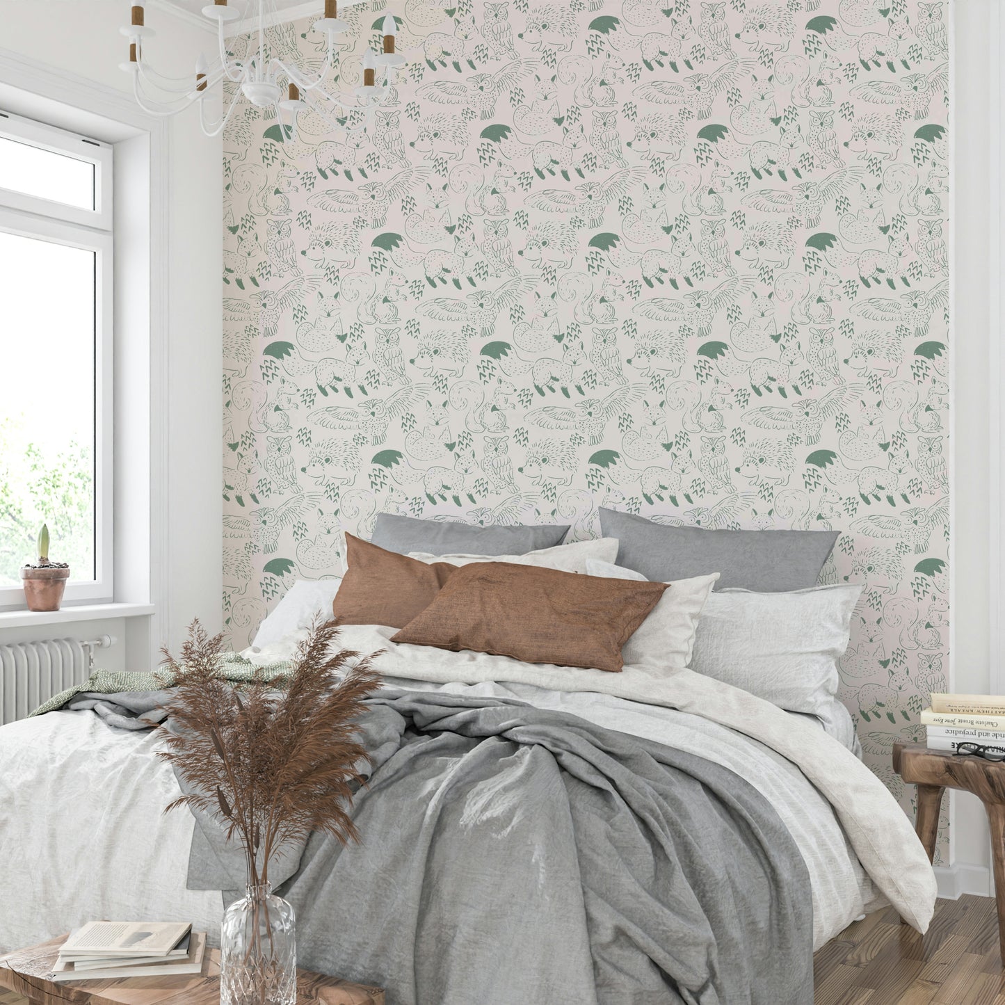 Forest creatures wallpaper in soft green hues

