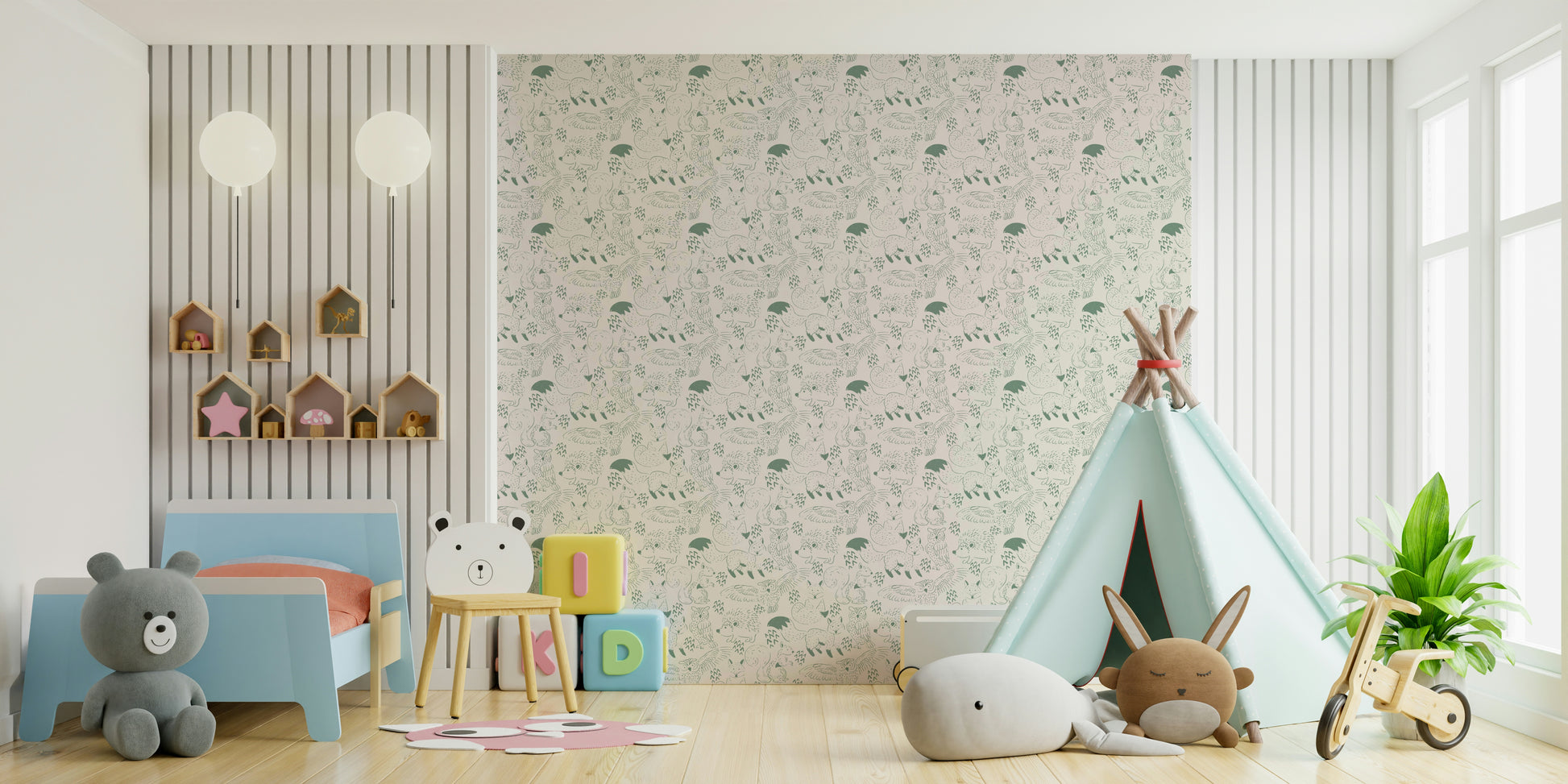 Soft green nursery wallpaper with forest friends

