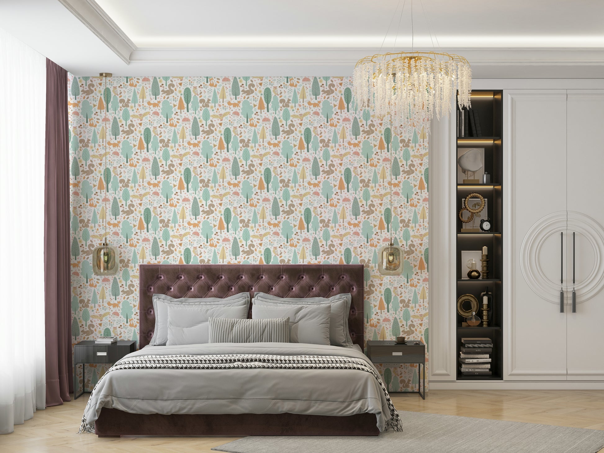Playful nursery wallpaper with forest critters


