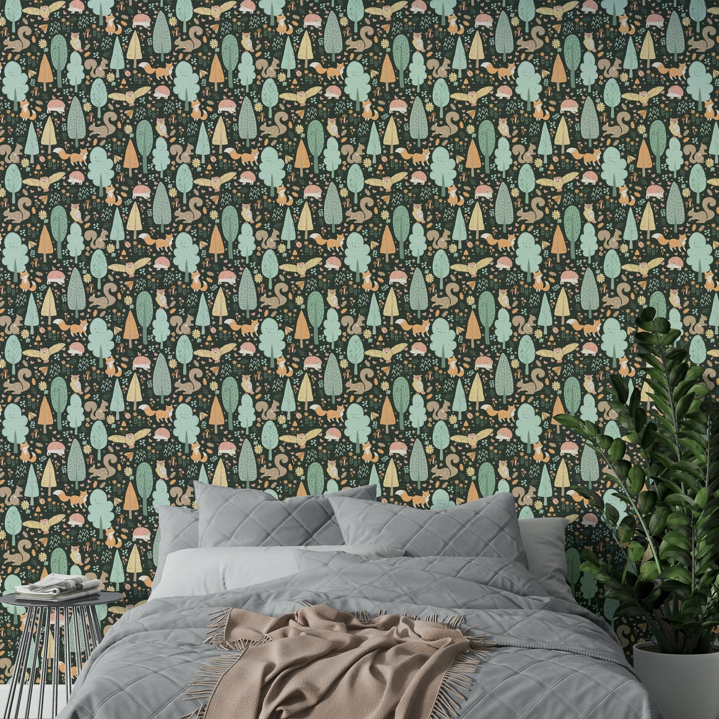 Dark green wallpaper with playful nursery design

