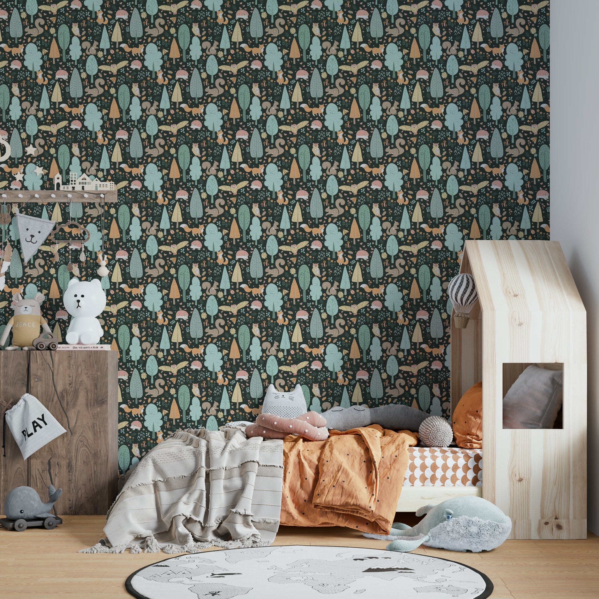 Cute animal print wallpaper in rich green tones

