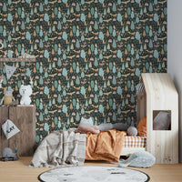 Cute animal print wallpaper in rich green tones

