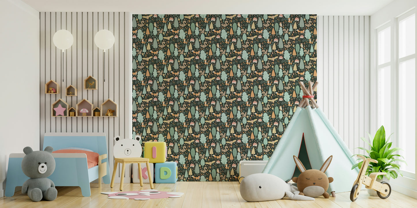 Whimsical woodland animal scene for nursery walls

