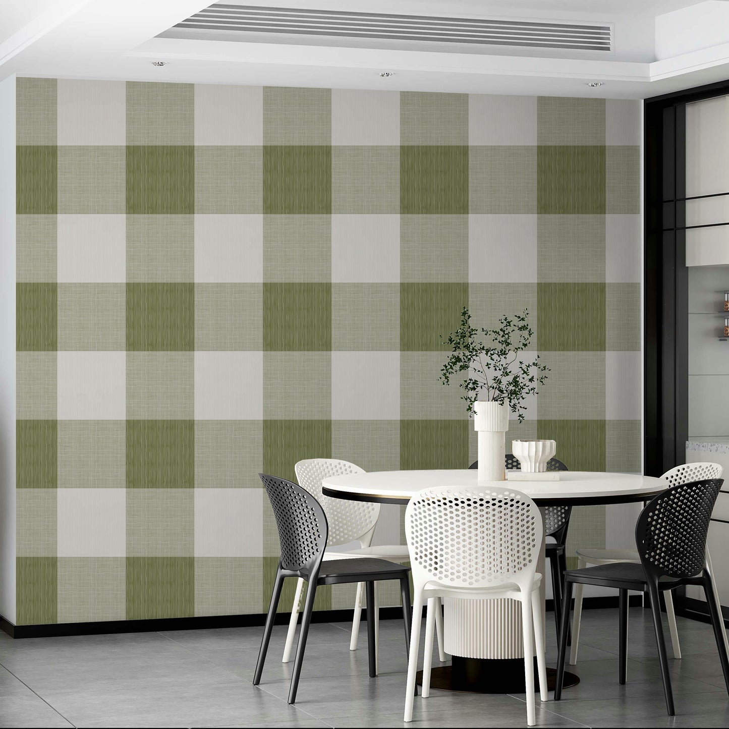 Olive green check pattern wallpaper with vintage charm


