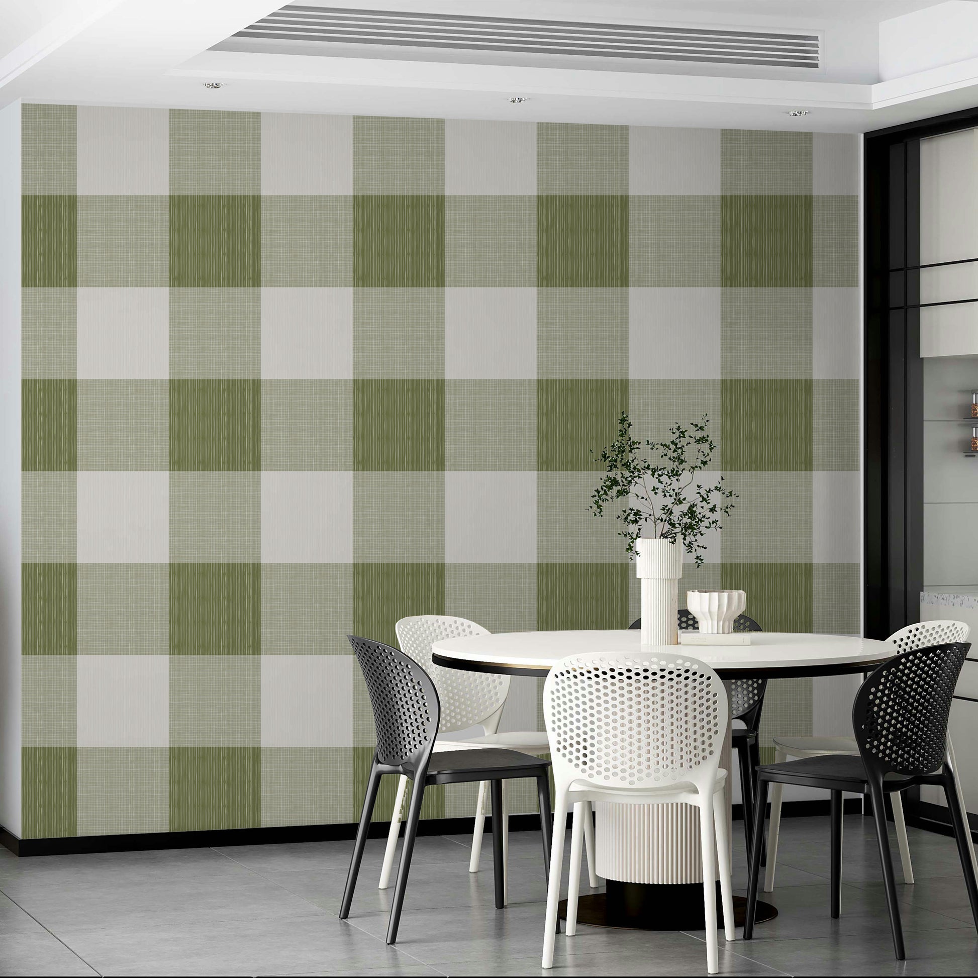 Olive green check pattern wallpaper with vintage charm

