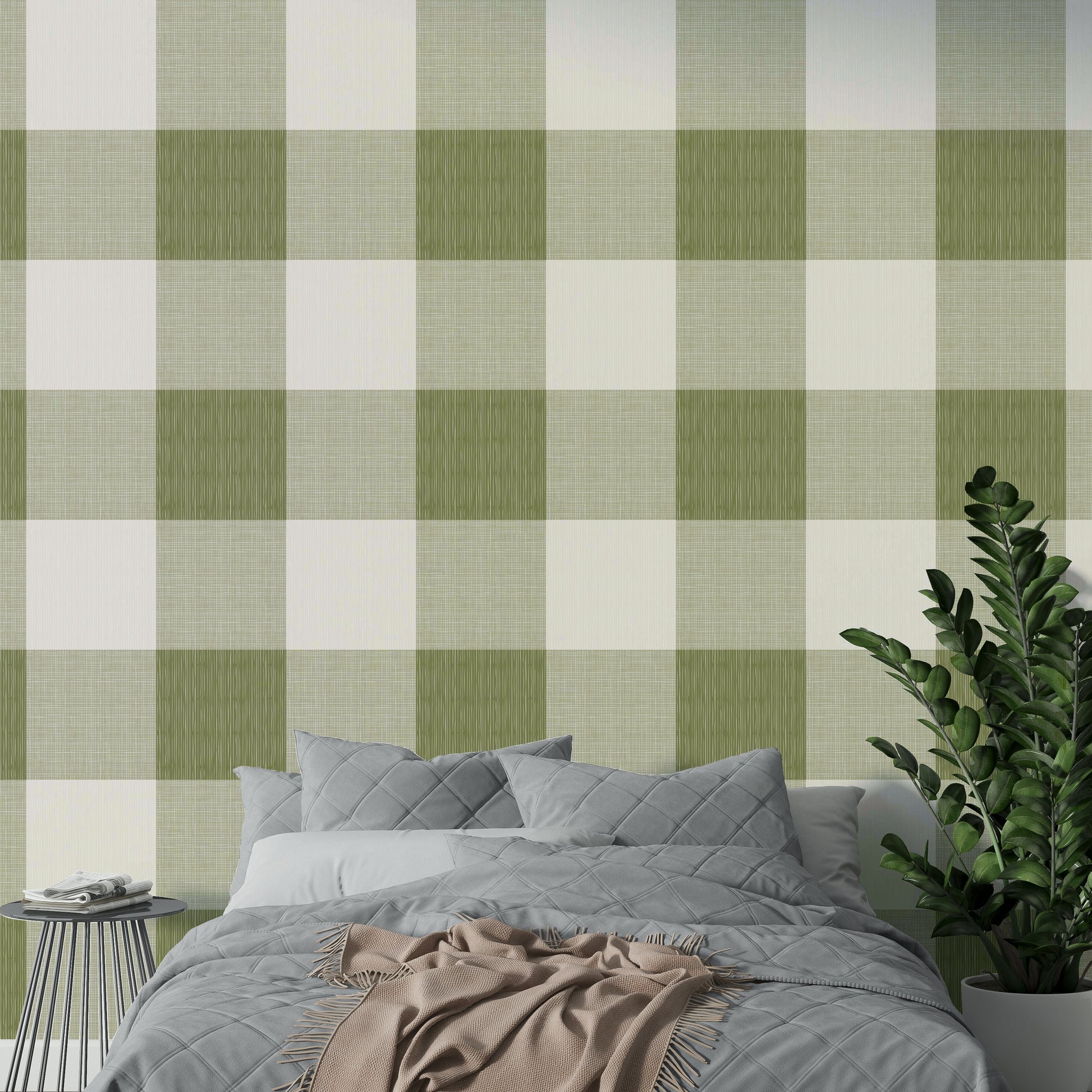 Olive check wallpaper for rustic interiors

